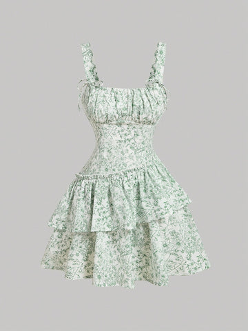 Porcelain Print Dress Blue and White Color Single Piece Oblique Waist Design For Daily Styling