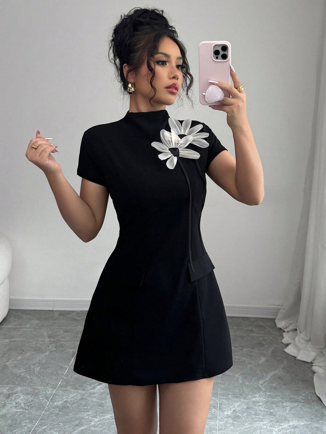 Women’s Woven Fabric A-Line Mini Dress, Vintage-Inspired Floral Decoration, 1 Piece, For Daily Wear