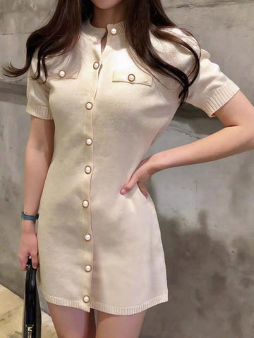 Women’s Knit Fabric Short Sleeve Dress, Button Front Design, Solid Pattern, 1 Piece, For Everyday Wear
