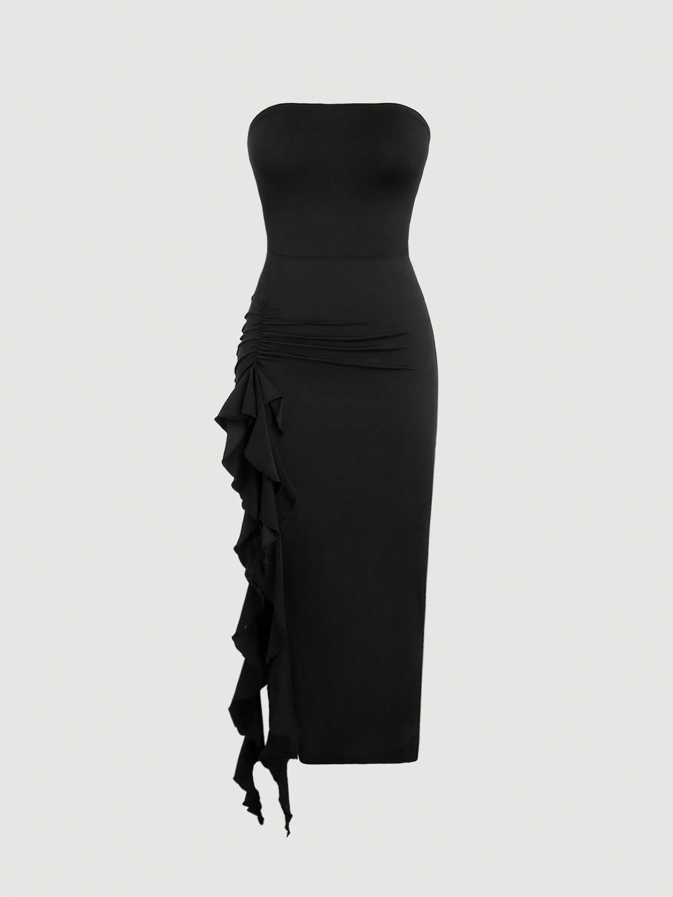 Women’s Asymmetrical Waist Maxi Tube Dress with Ruched Detail, Solid Color, Single Piece, For Daily Styling