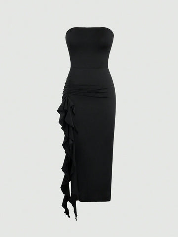 Women’s Asymmetrical Waist Maxi Tube Dress with Ruched Detail, Solid Color, Single Piece, For Daily Styling