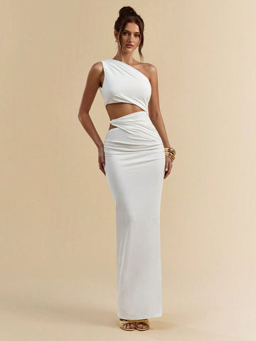 Asymmetric Shoulder Gathered Slim-Fit Hollow-Out High Slit Long Dress for Resort and Vacation Wear