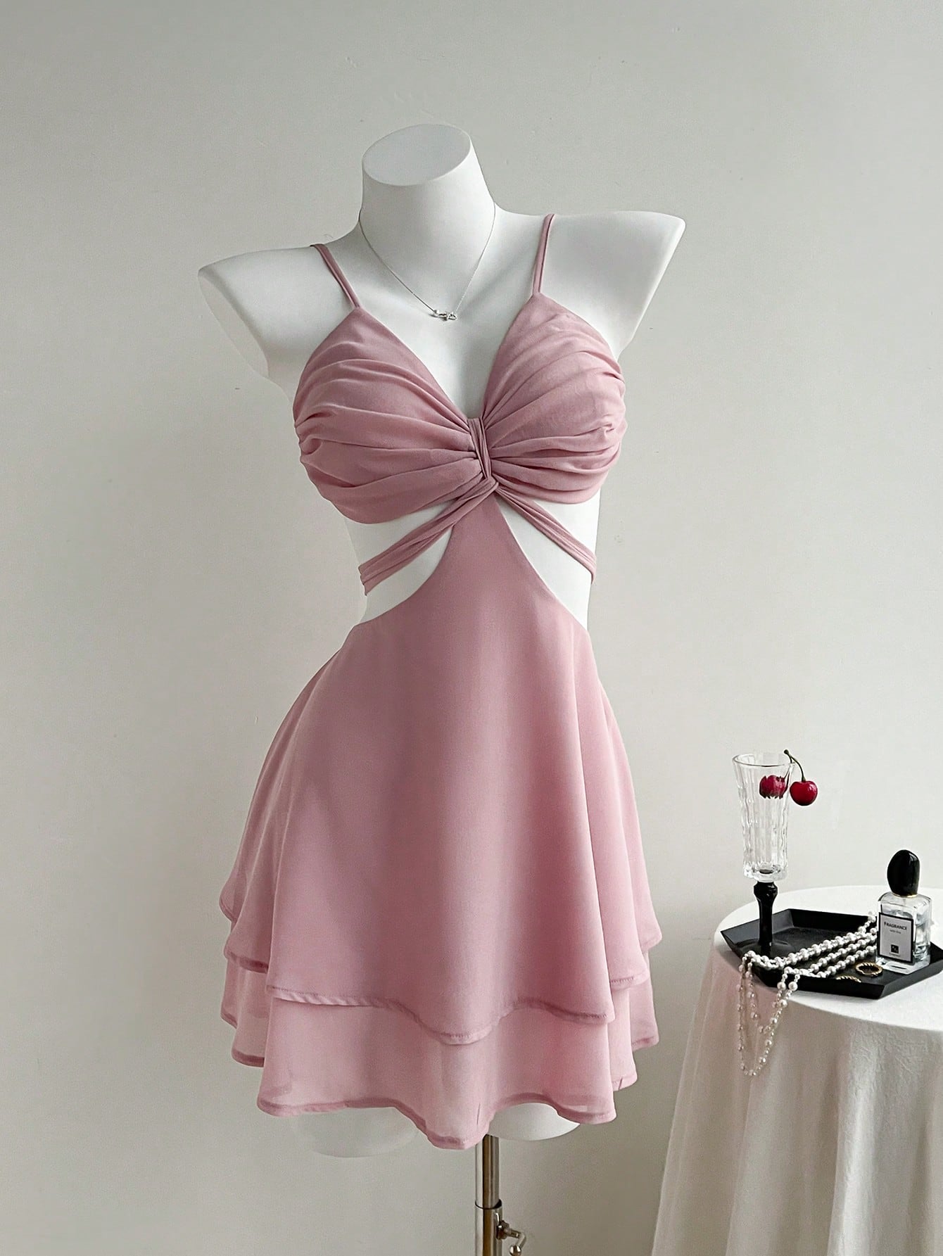 Solid Color Mini Dress Pink Color Single Piece Sleeveless Strap Design For Daily Styling
