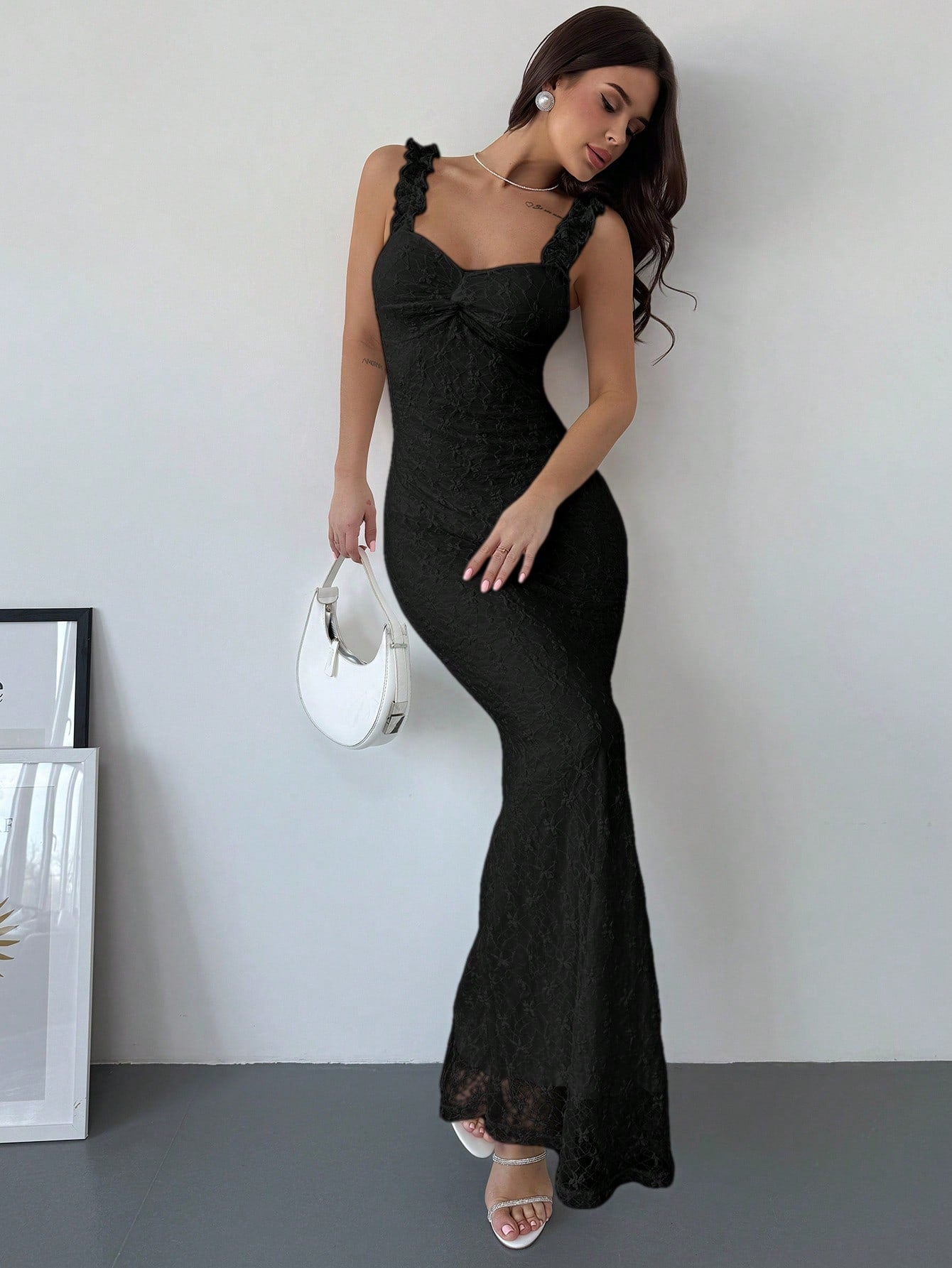 White Lace Ruffle Shoulder Strap Bodycon Long Dress for Daily, Date Night, Holiday, and Wedding Events