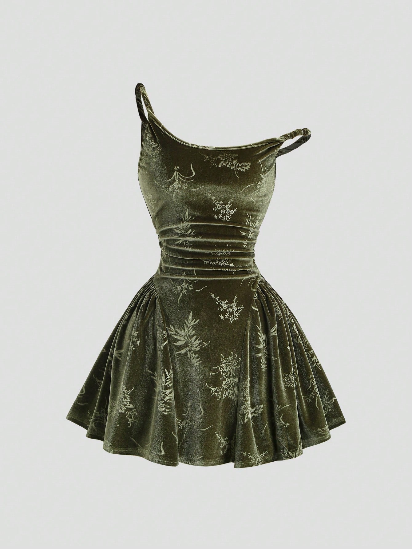 Velvet Fabric Dress Olive Green Color Single Piece Pleated Print Sleeveless Strap Design For General Occasions