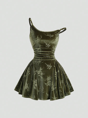 Velvet Fabric Dress Olive Green Color Single Piece Pleated Print Sleeveless Strap Design For General Occasions