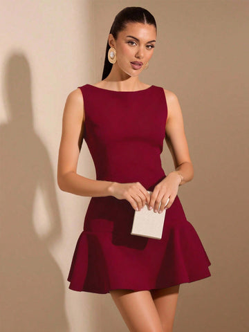 Women’s Woven Fabric Sleeveless Mini Dress, Ruffle Hem Design, Solid Pattern, 1 Piece, For Casual Daily Wear