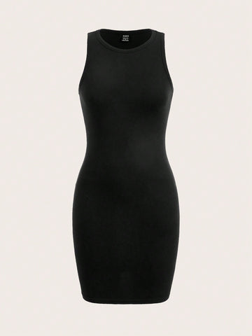 Solid Color Mini Dress Neutral Color Single Piece Round Neck Sleeveless Design For Daily Styling