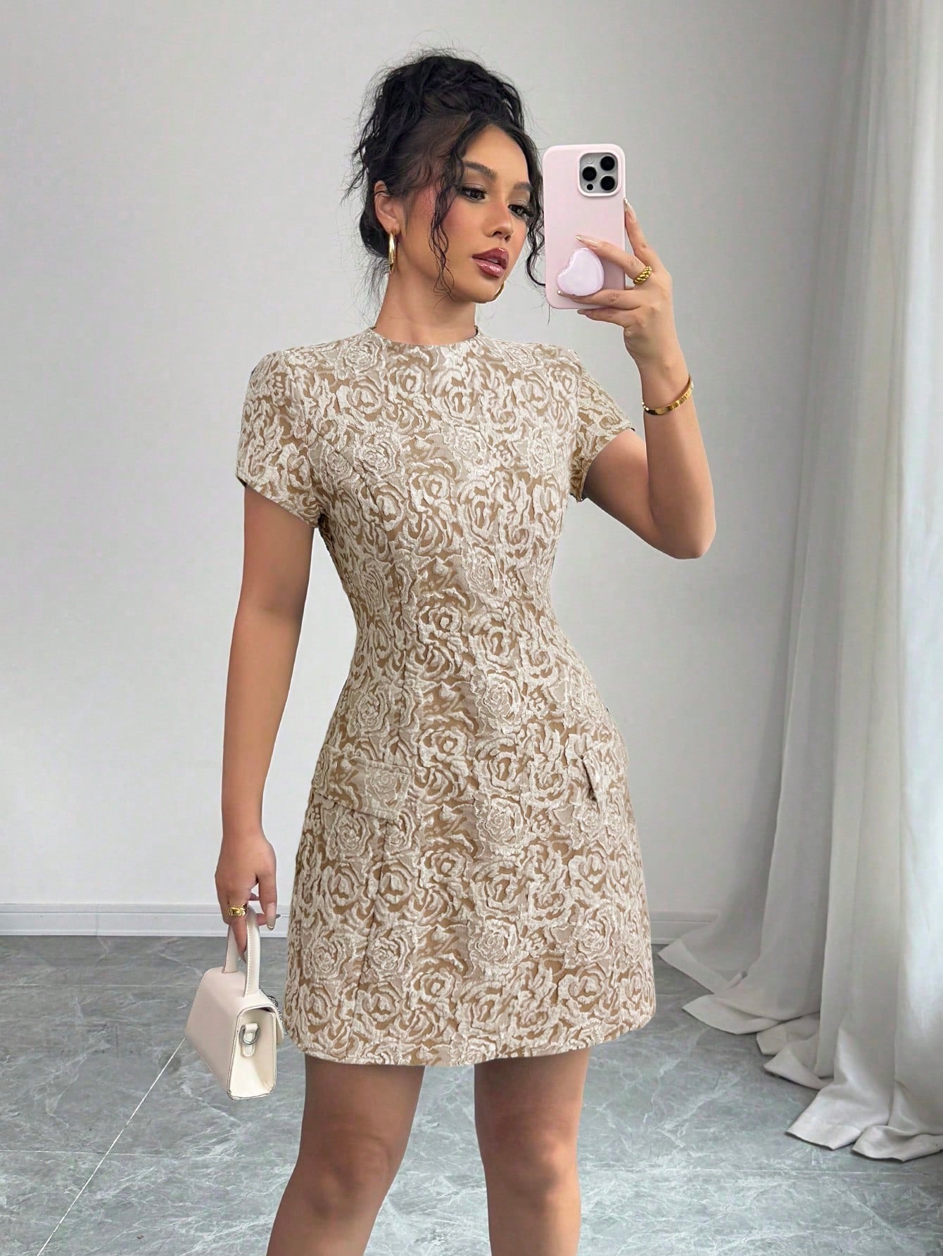 Women’s Jacquard Fabric Short Dress, Decorative Pattern Detail, 1 Piece, For Everyday Wear
