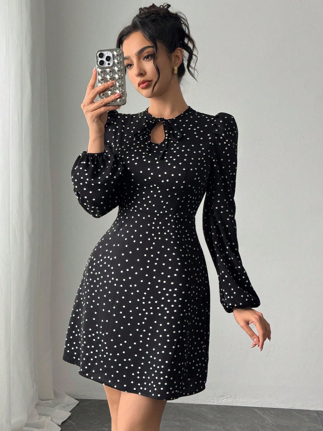 Women’s Woven Fabric Dress, Long Sleeve Design with Bow Detail, Polka Dot Pattern, 1 Piece, For Spring and Autumn Wear