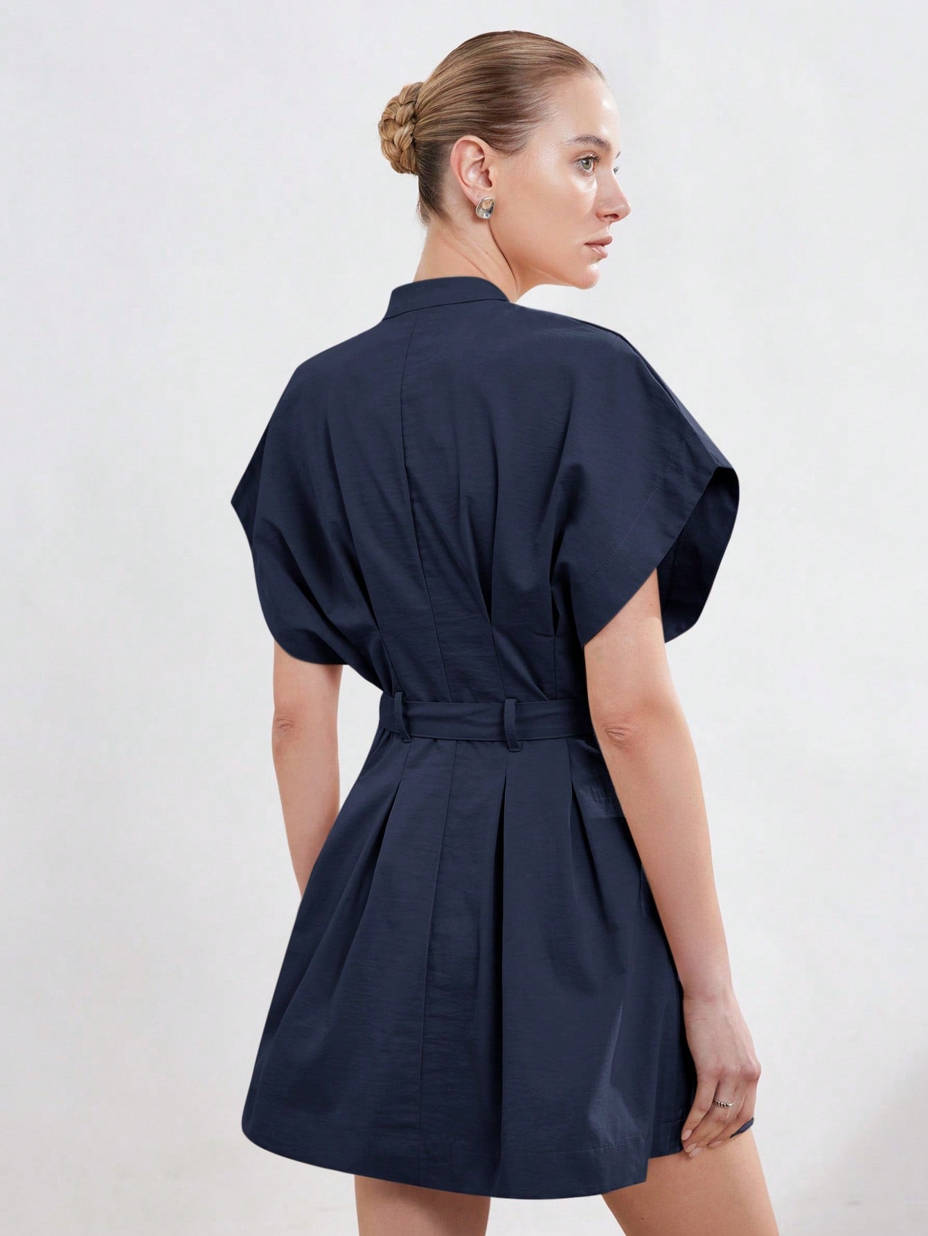 Women’s Woven Fabric A-Line Dress, Stand Collar Round Neck Design, Cap Sleeve Style with Ruched Detail and Belt, 1 Piece, For Commuting and Daily Wear