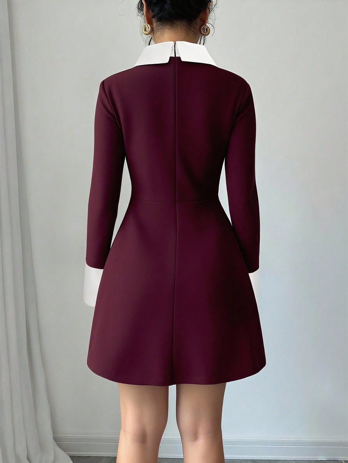 Women’s Woven Fabric Short Dress, Collared Long Sleeve Design with Cuff Detail and Faux Pocket, Color Block Pattern, 1 Piece, For Autumn Wear