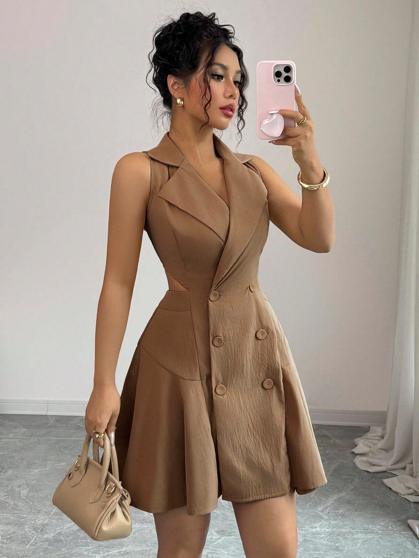 Women’s Woven Fabric Sleeveless Dress, Double Breasted Design, Solid Pattern, 1 Piece, For Commuting and Daily Wear