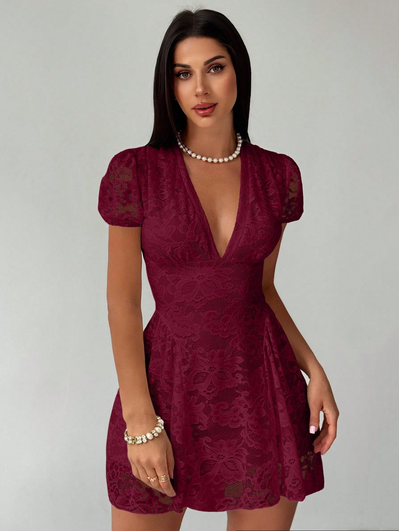 Women’s Woven Fabric Mini Dress, V-Neck Design with Puff Sleeve and Lace Detail, 1 Piece, For Spring and Summer Wear