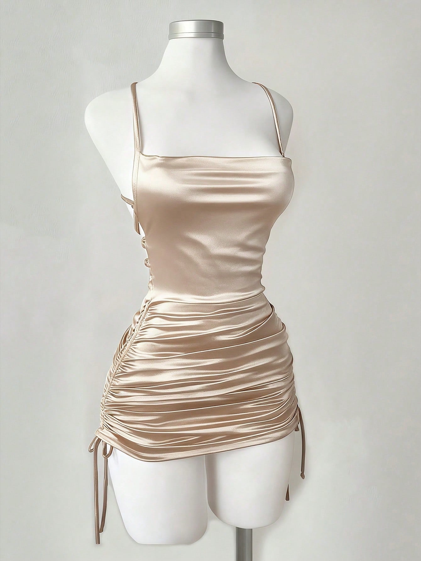 Simple Slip Dress with Slit Neck and Pleated Decoration