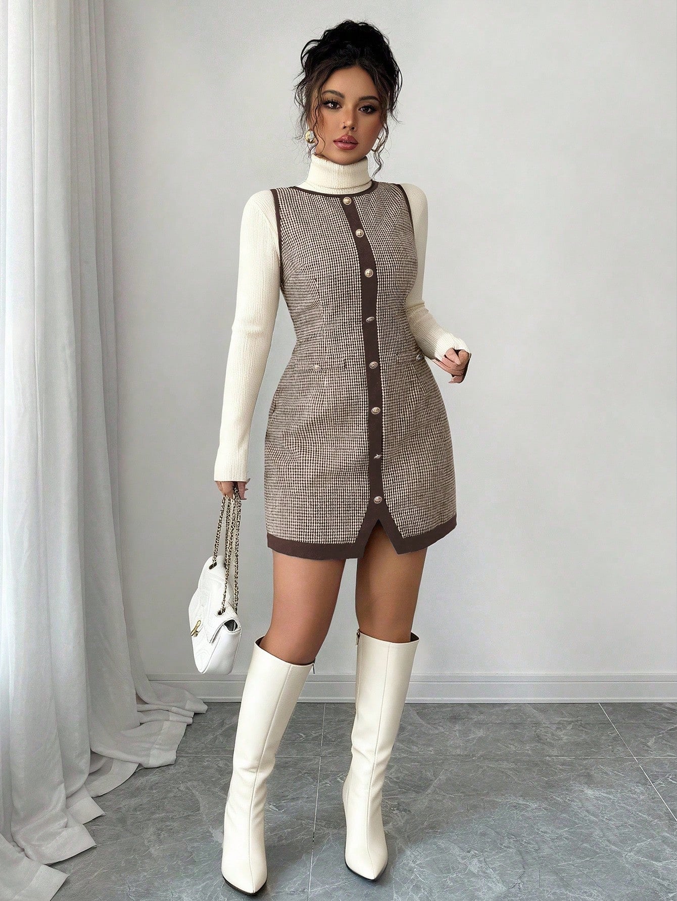 Women’s Wool-Blend Fabric Sleeveless Dress, Round Neck Patchwork Design, 1 Piece, For Office and Daily Wear