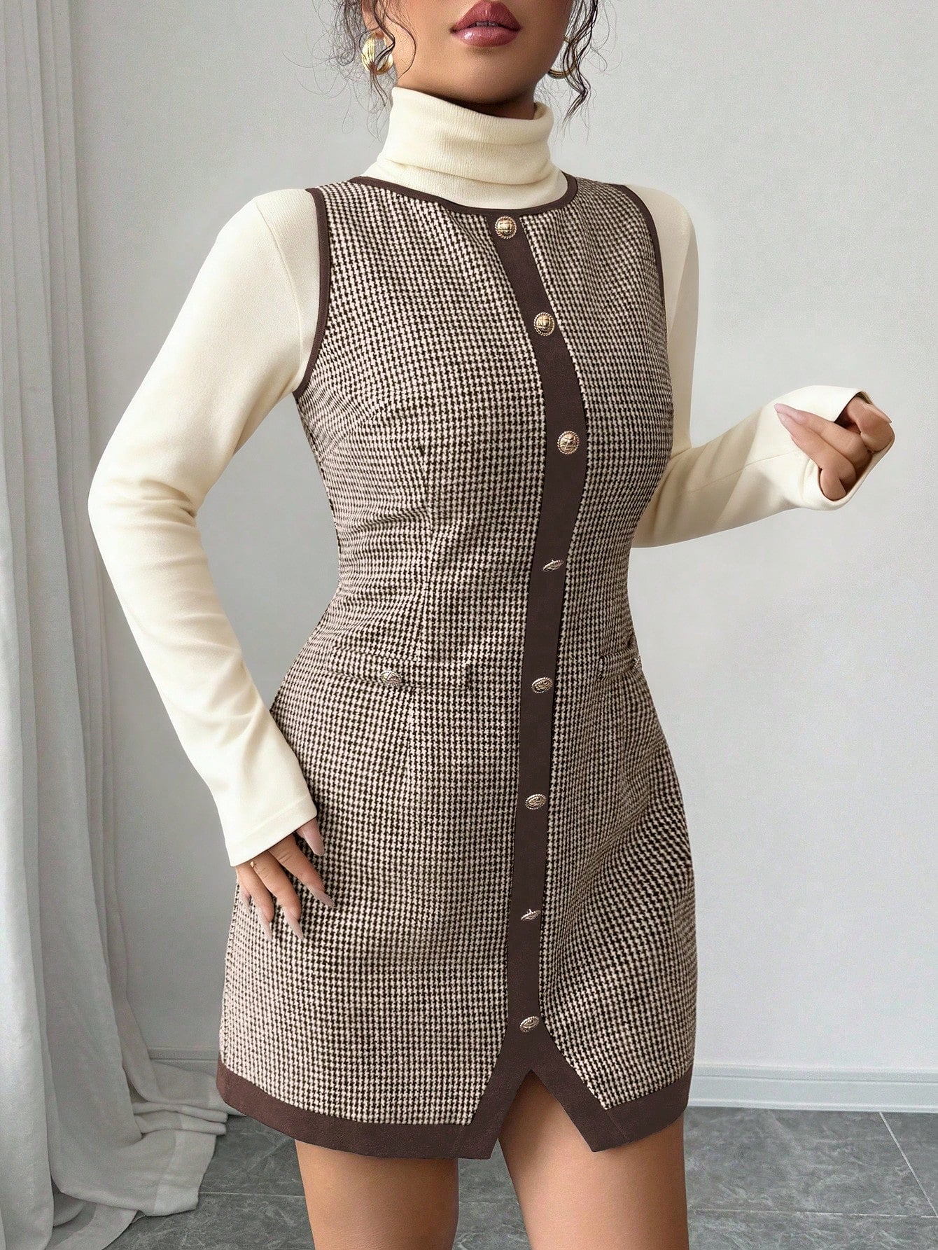 Women’s Wool-Blend Fabric Sleeveless Dress, Round Neck Patchwork Design, 1 Piece, For Office and Daily Wear