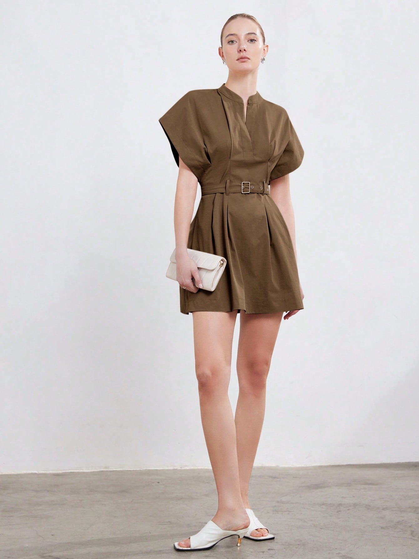 Women’s Woven Fabric A-Line Dress, Stand Collar Round Neck Design, Cap Sleeve Style with Ruched Detail and Belt, 1 Piece, For Commuting and Daily Wear