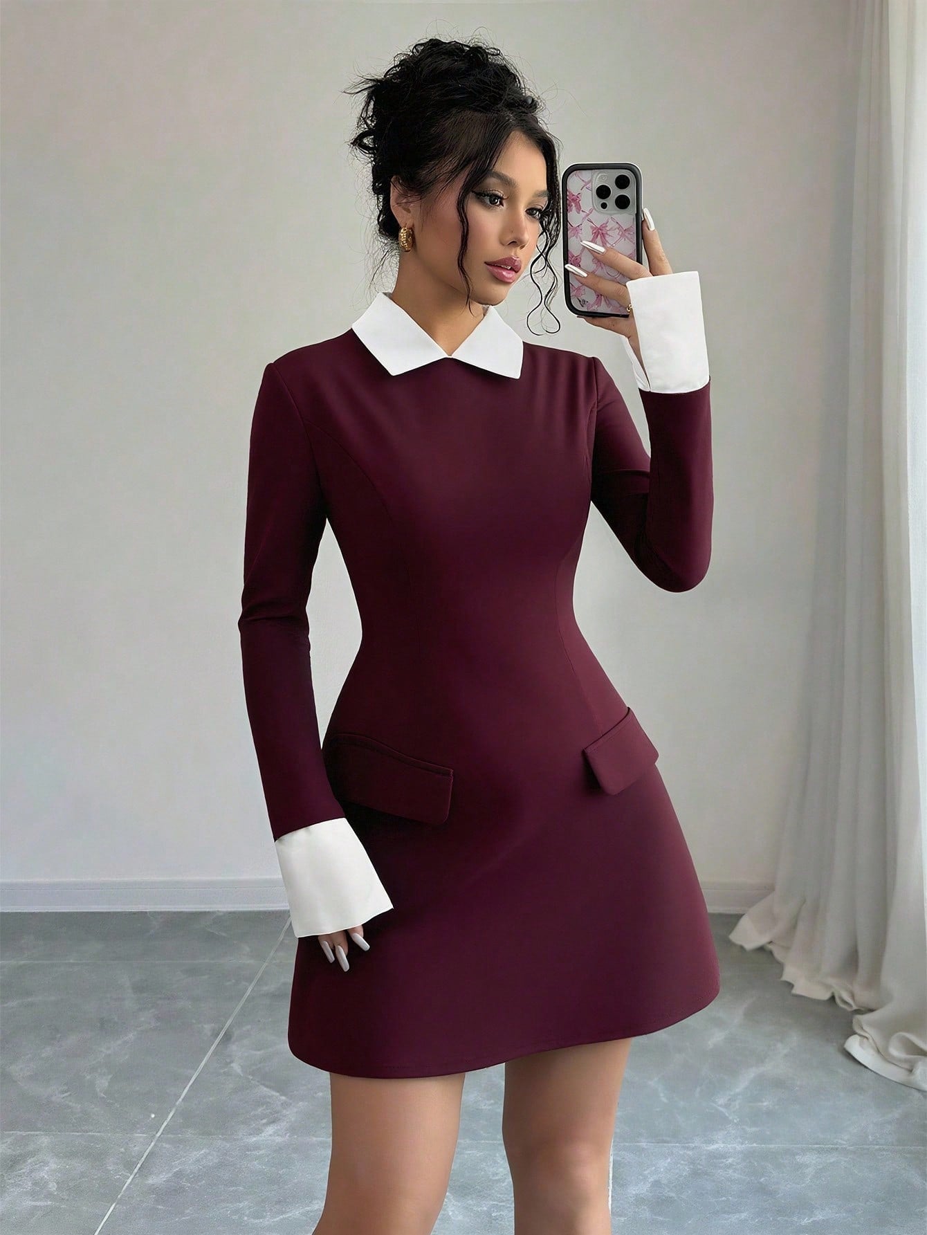 Women’s Woven Fabric Short Dress, Collared Long Sleeve Design with Cuff Detail and Faux Pocket, Color Block Pattern, 1 Piece, For Autumn Wear