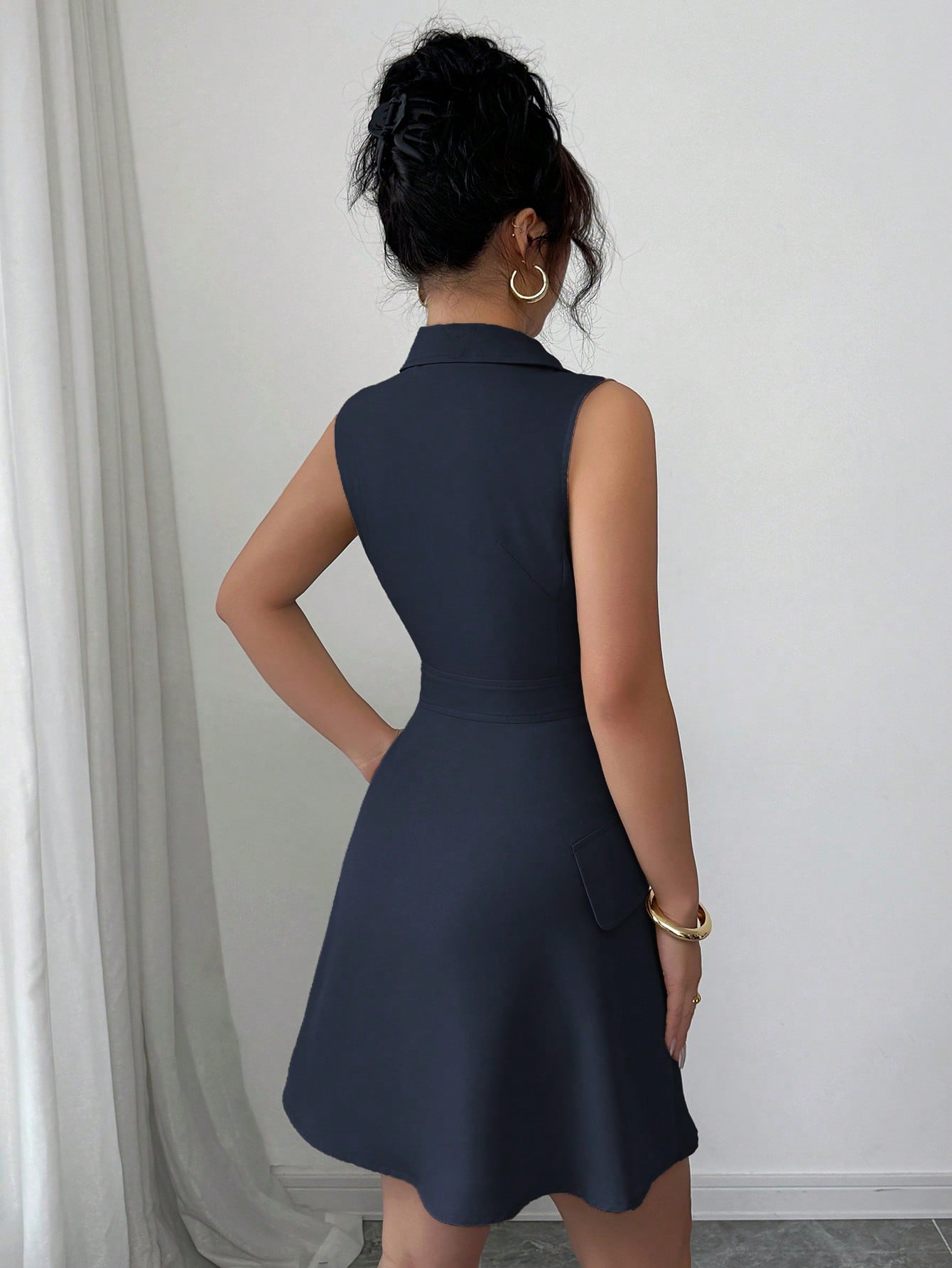 Women’s Woven Fabric A-Line Short Dress, Sleeveless Shirt Collar Design, Double Breasted Detail, 1 Piece, For Commuting and Daily Wear