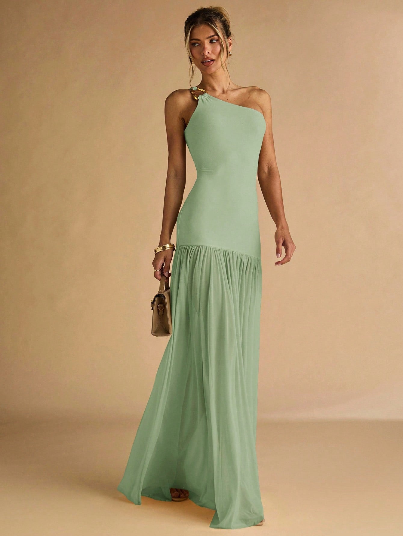 Asymmetric Shoulder Bodycon Dress with Metal Buckle Detail and Sheer Hem for Fall Wedding Guest Occasions