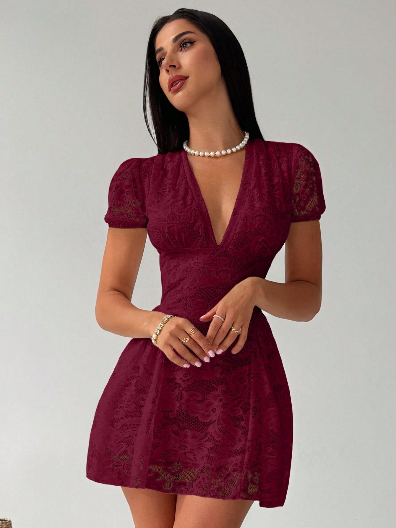 Women’s Woven Fabric Mini Dress, V-Neck Design with Puff Sleeve and Lace Detail, 1 Piece, For Spring and Summer Wear