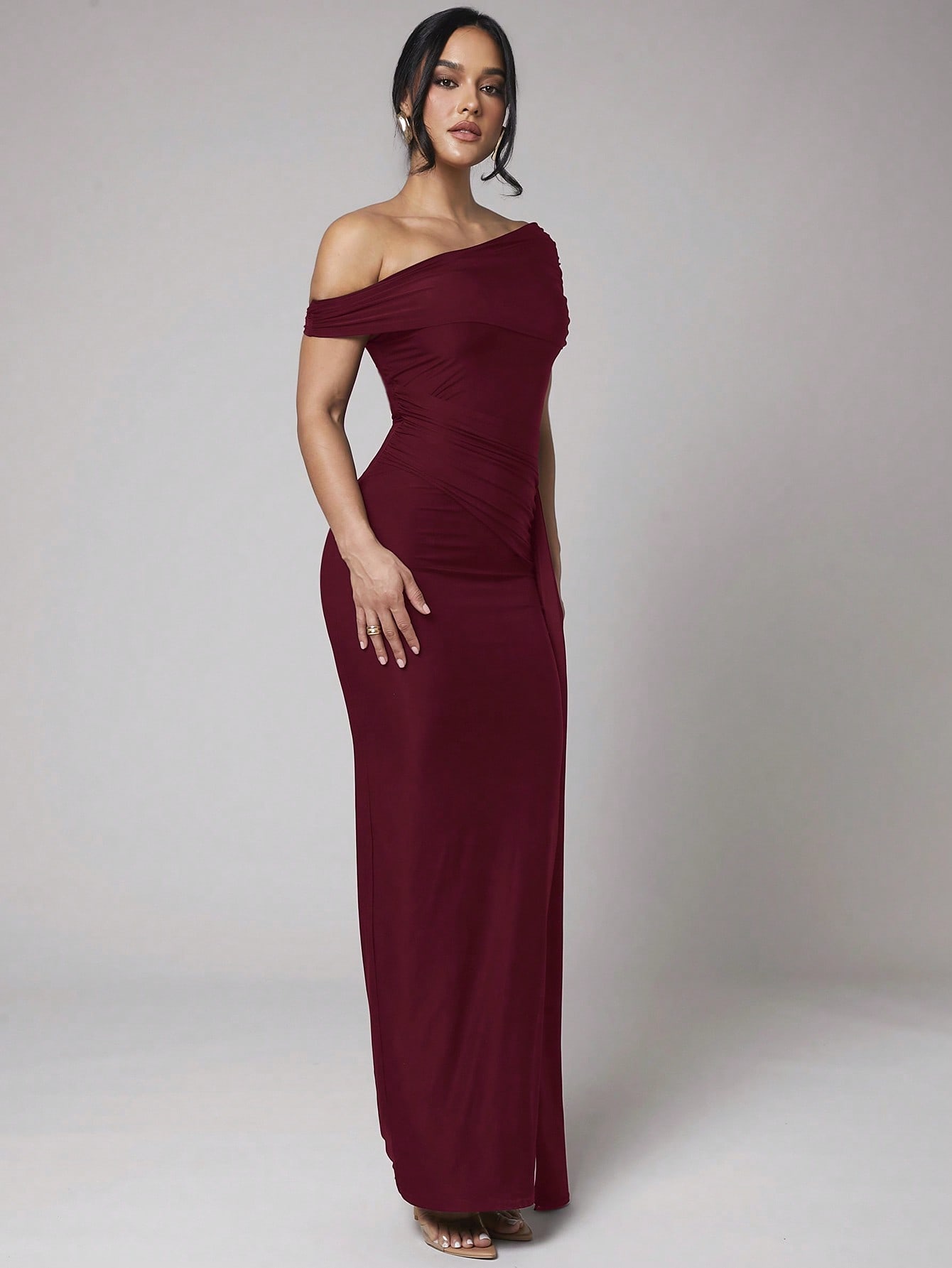 Black Long Asymmetric Ruched Chiffon Maxi Dress for Casual, Formal, Vacation, and Evening Occasions