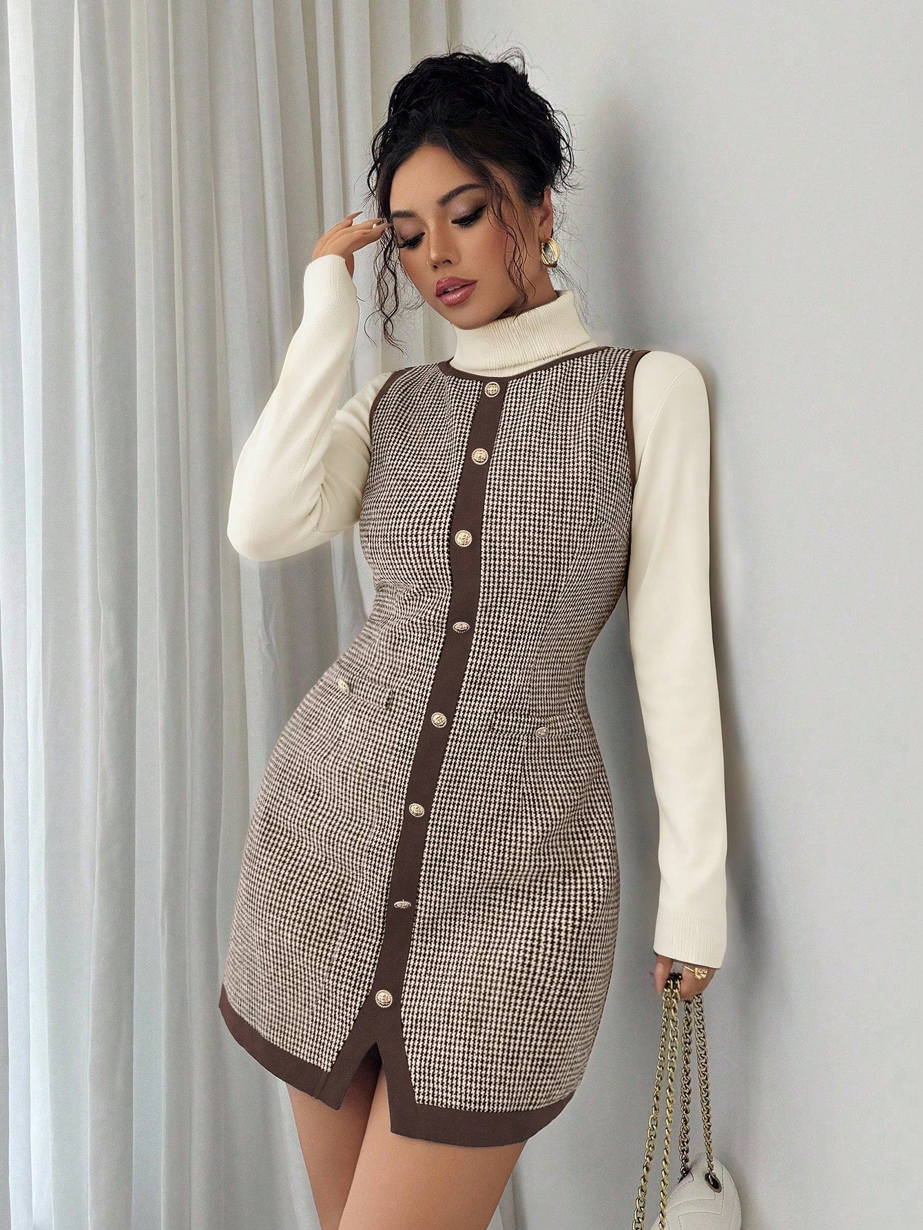 Women’s Wool-Blend Fabric Sleeveless Dress, Round Neck Patchwork Design, 1 Piece, For Office and Daily Wear