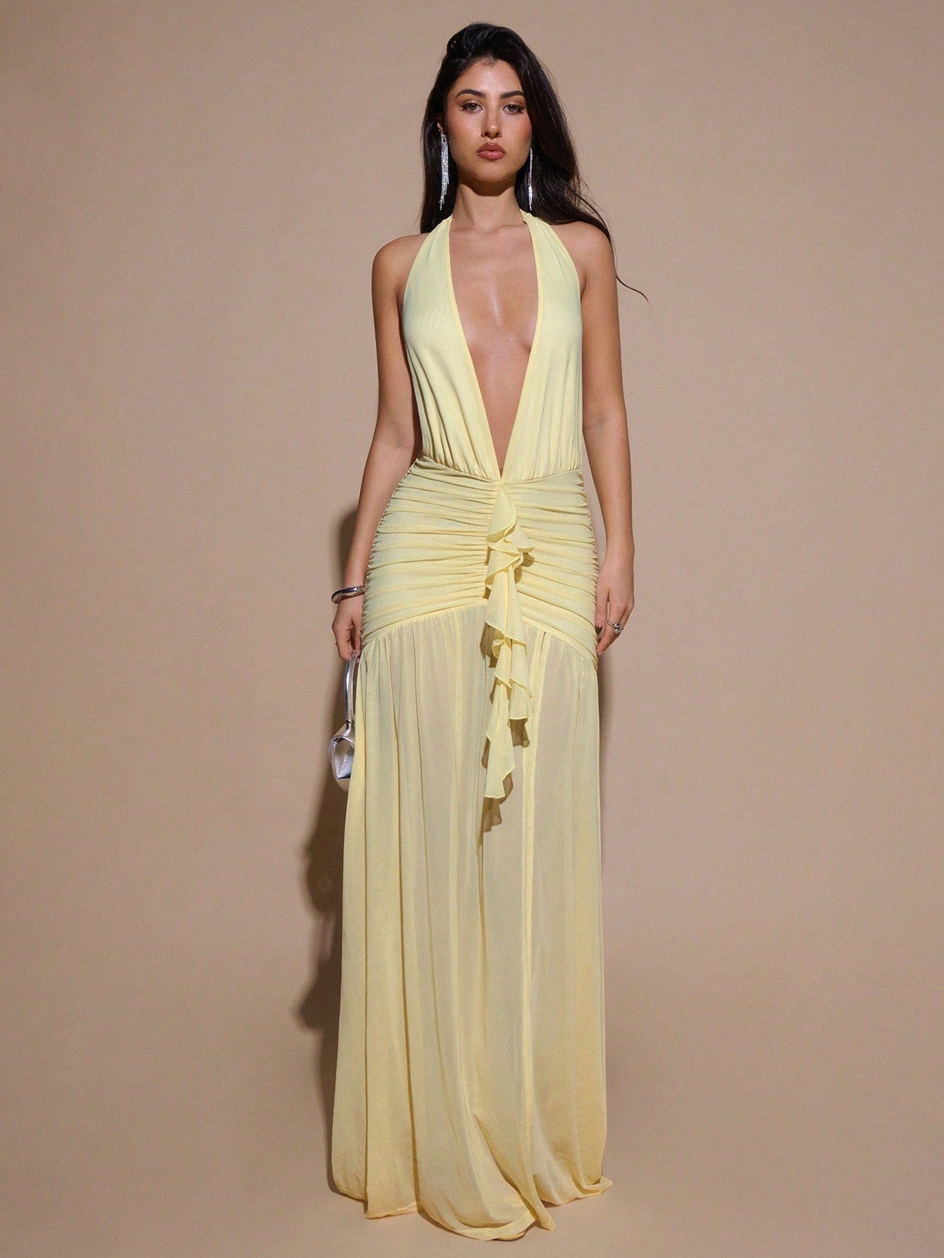 Deep V-Neck Halter Ruched Fitted Mesh Maxi Dress for Party, Cocktail, Formal, and Wedding Guest Occasions