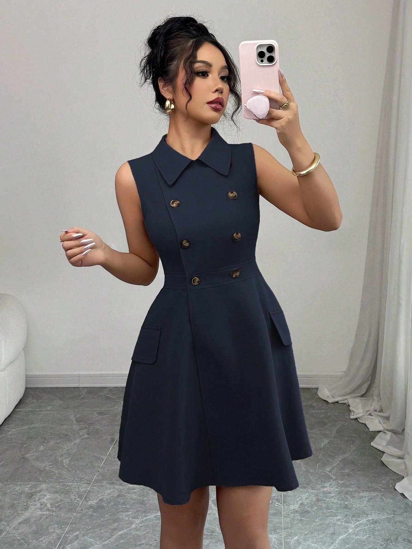 Women’s Woven Fabric A-Line Short Dress, Sleeveless Shirt Collar Design, Double Breasted Detail, 1 Piece, For Commuting and Daily Wear