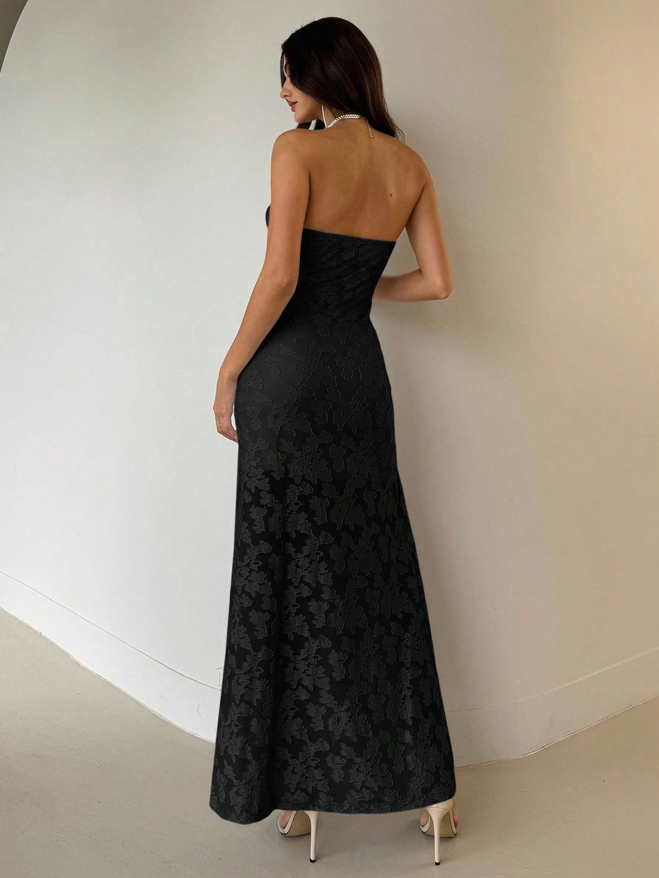 Knit Midi Dress with Floral Cutout Detail, Backless Design, and High Slit for Wedding Guest, Holiday, and Graduation Occasions