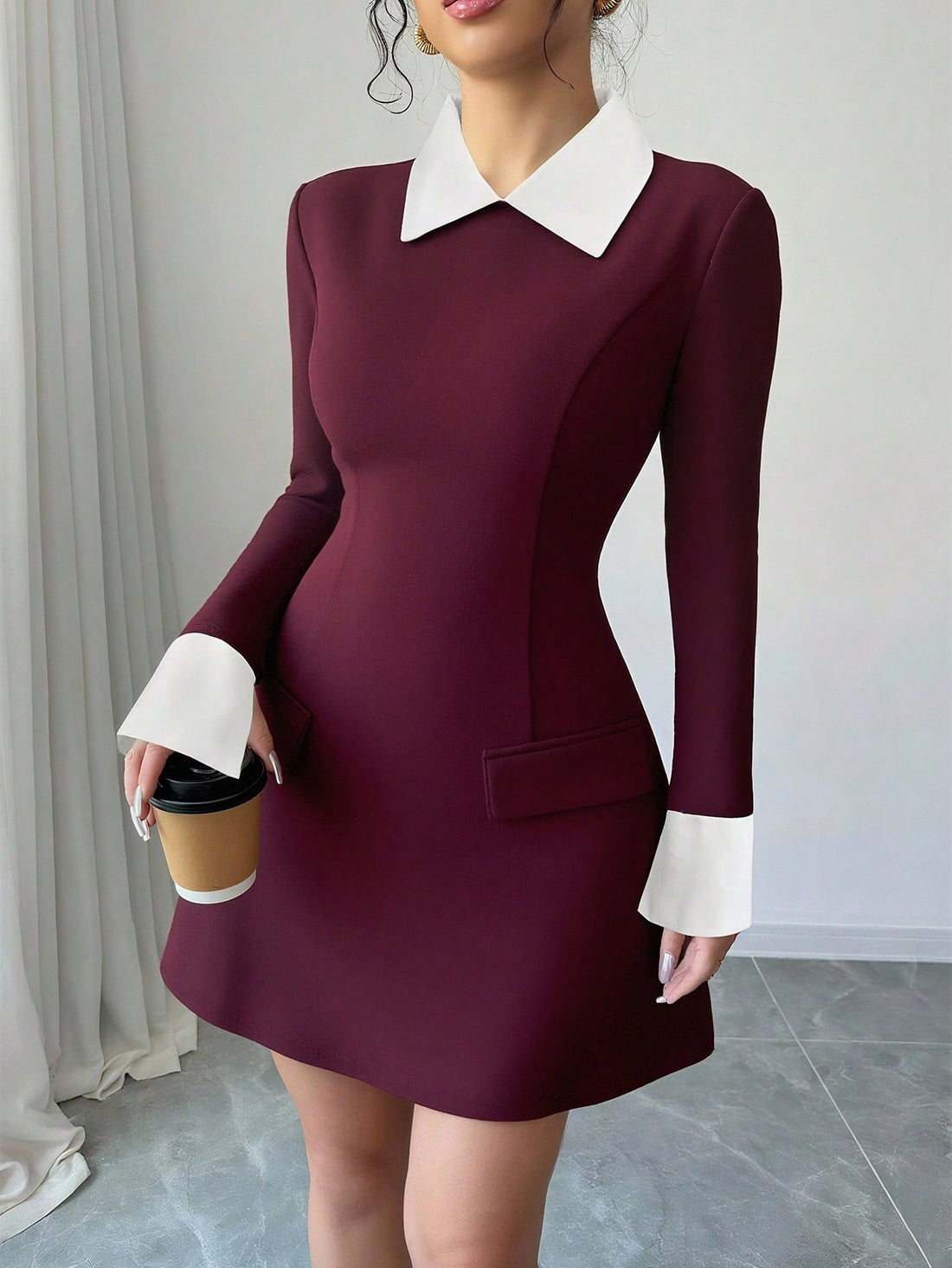 Women’s Woven Fabric Short Dress, Collared Long Sleeve Design with Cuff Detail and Faux Pocket, Color Block Pattern, 1 Piece, For Autumn Wear