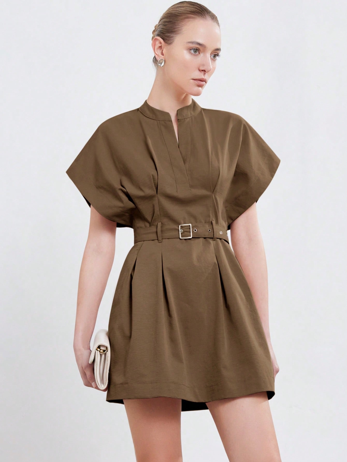 Women’s Woven Fabric A-Line Dress, Stand Collar Round Neck Design, Cap Sleeve Style with Ruched Detail and Belt, 1 Piece, For Commuting and Daily Wear