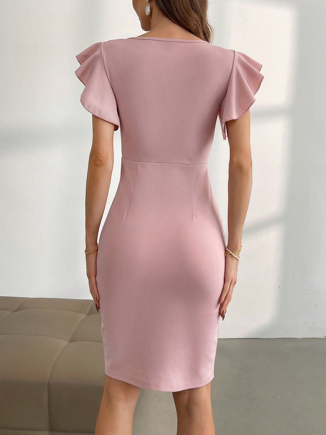 Women’s Woven Fabric Dress, Flounce Sleeve with Hem Slit Detail, 1 Piece, For Everyday Wear