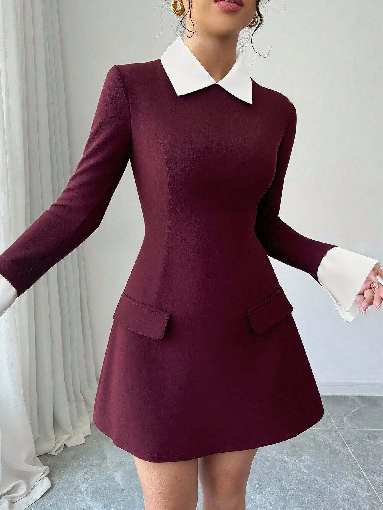 Women’s Woven Fabric Short Dress, Collared Long Sleeve Design with Cuff Detail and Faux Pocket, Color Block Pattern, 1 Piece, For Autumn Wear