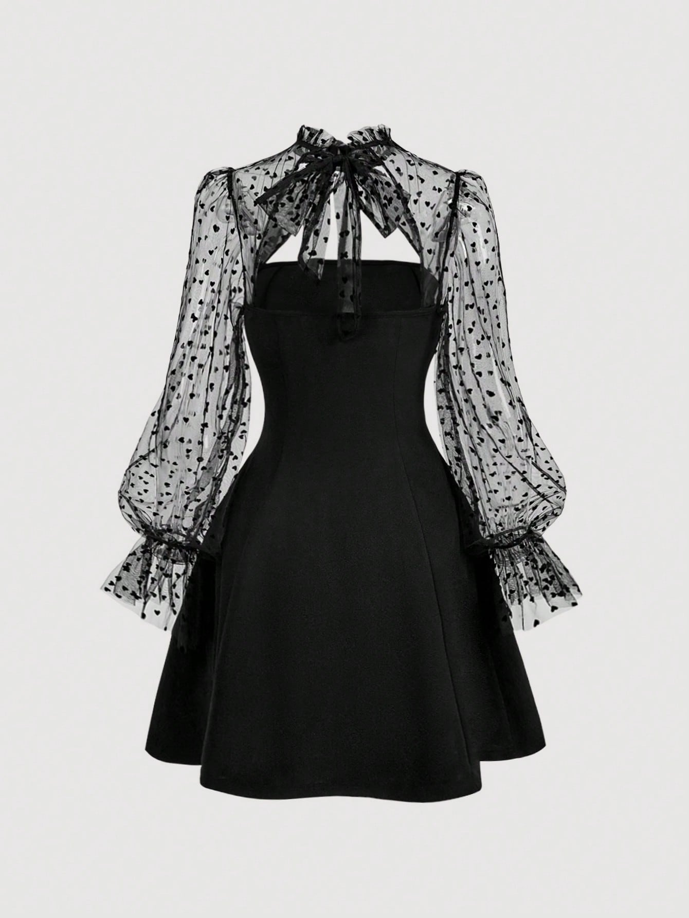 Black Long Sleeve Dress with Contrast Mesh Detail Flare Sleeves Tie Neck and High Collar Design