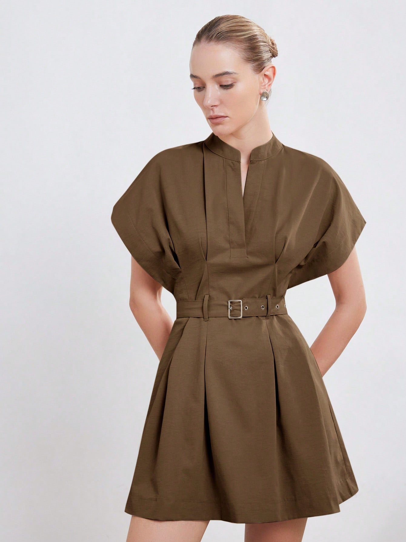 Women’s Woven Fabric A-Line Dress, Stand Collar Round Neck Design, Cap Sleeve Style with Ruched Detail and Belt, 1 Piece, For Commuting and Daily Wear