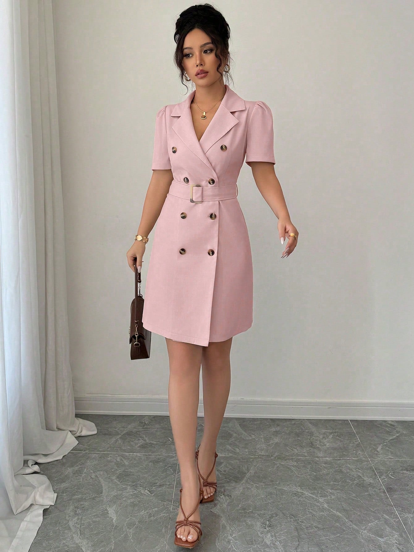 Mandarin Collar Dress with Cinched Waist Double Breasted Front and Puff Sleeves for Daily Wear