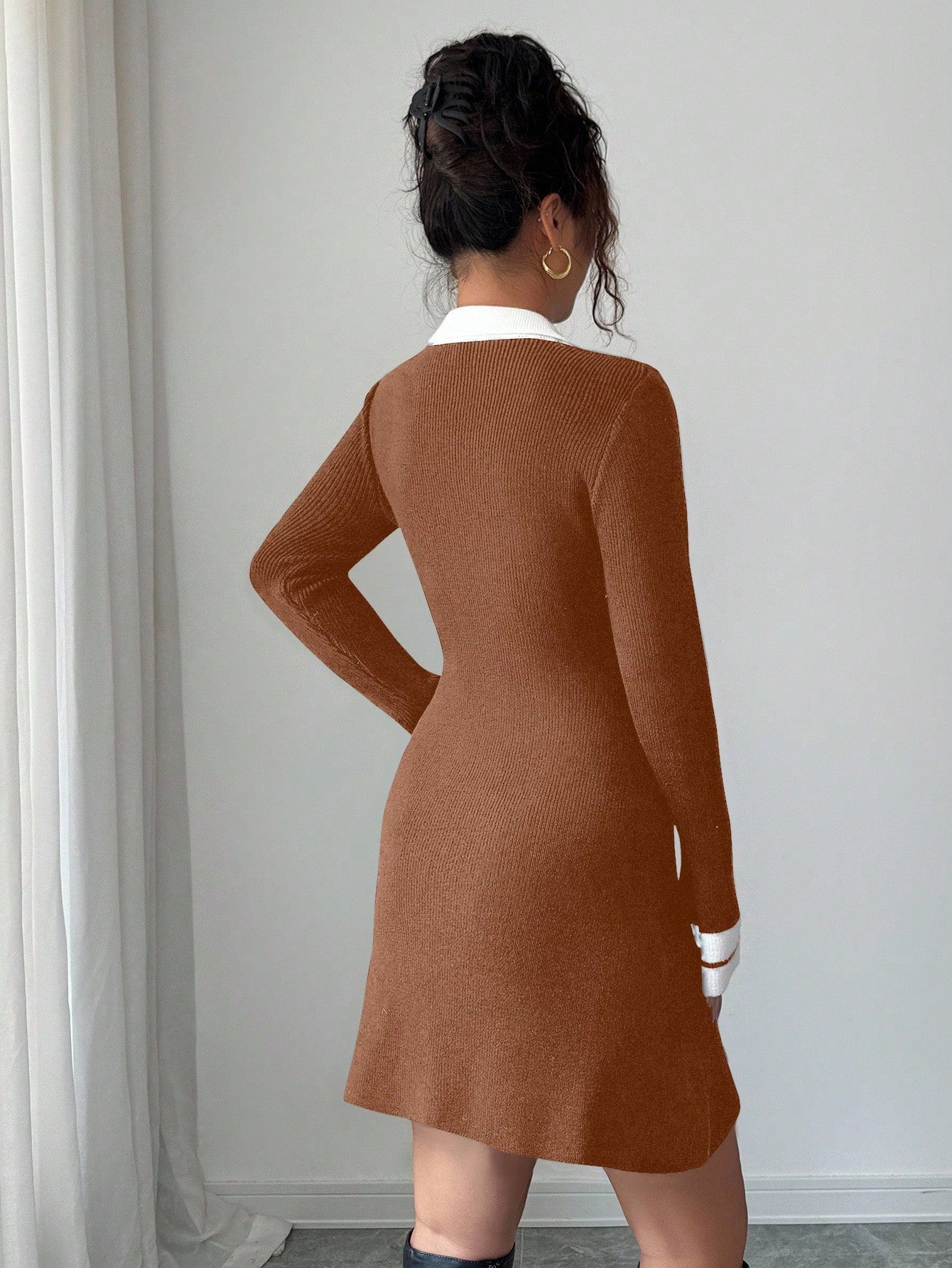 Contrast A-Line Dress with Shirt Collar Long Sleeves and Trumpet Skirt Design for Daily and Seasonal Wear