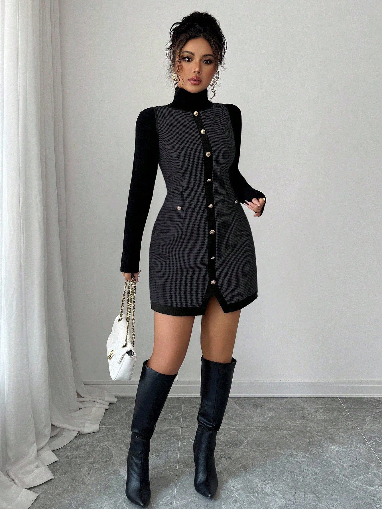 Women’s Wool-Blend Fabric Sleeveless Dress, Round Neck Patchwork Design, 1 Piece, For Office and Daily Wear