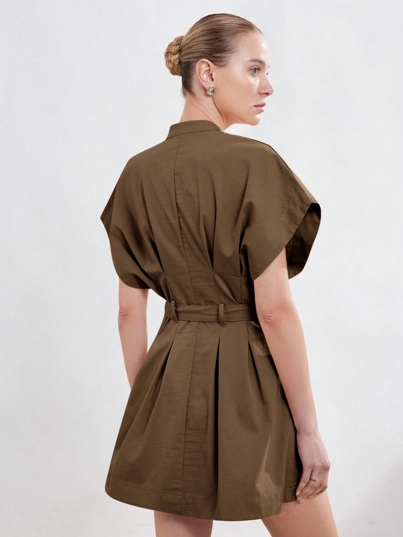 Women’s Woven Fabric A-Line Dress, Stand Collar Round Neck Design, Cap Sleeve Style with Ruched Detail and Belt, 1 Piece, For Commuting and Daily Wear