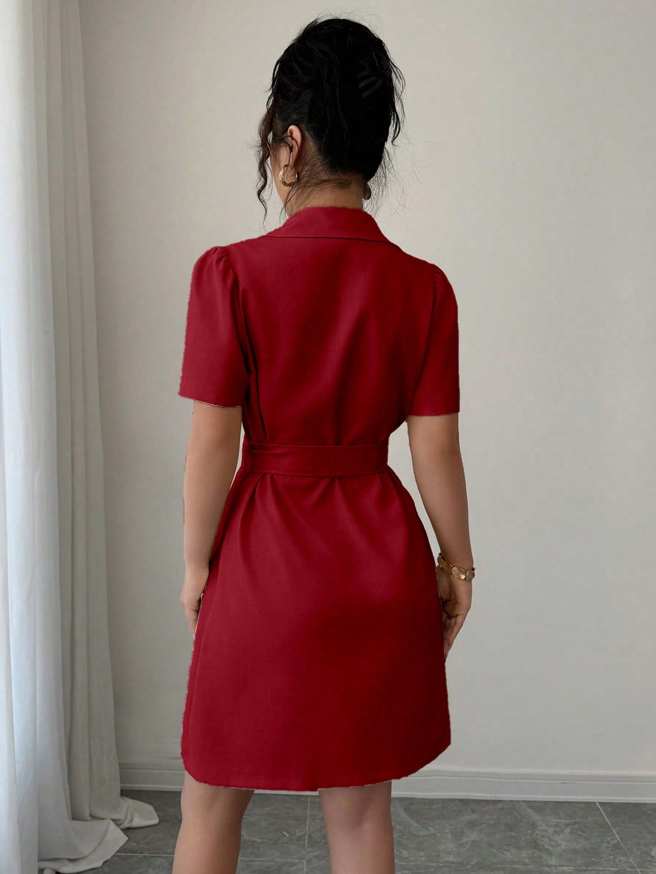 Mandarin Collar Dress with Cinched Waist Double Breasted Front and Puff Sleeves for Daily Wear