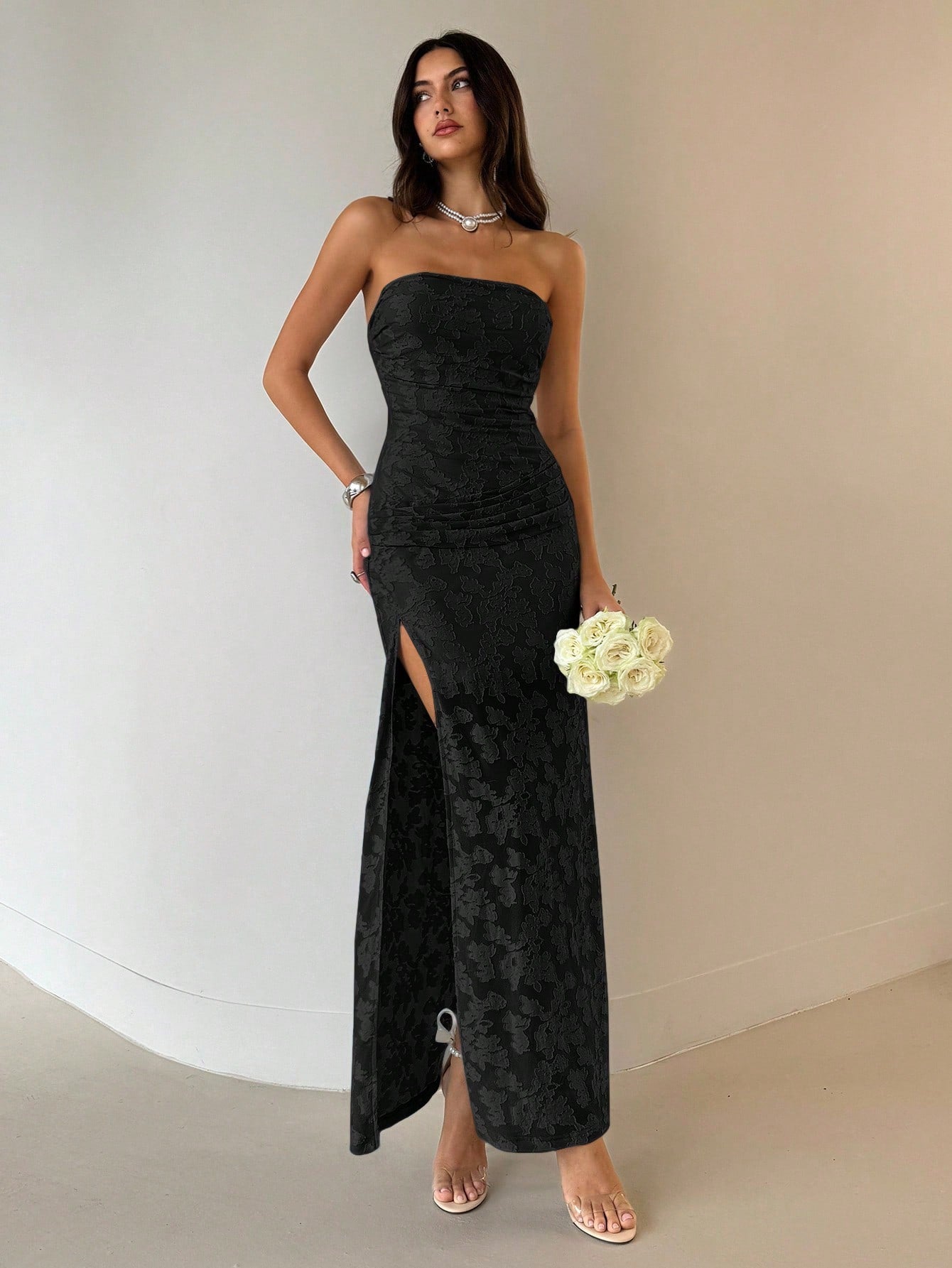Knit Midi Dress with Floral Cutout Detail, Backless Design, and High Slit for Wedding Guest, Holiday, and Graduation Occasions
