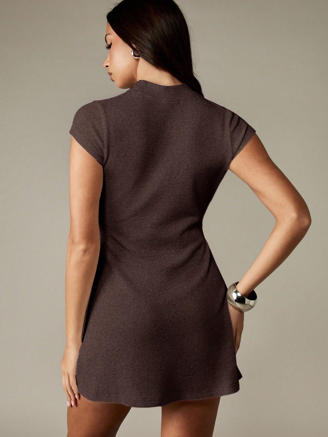 Women’s Knit Fabric Mini Dress, Ribbed Texture, Crew Neck Short Sleeve Design, 1 Piece, For Autumn and Winter Wear