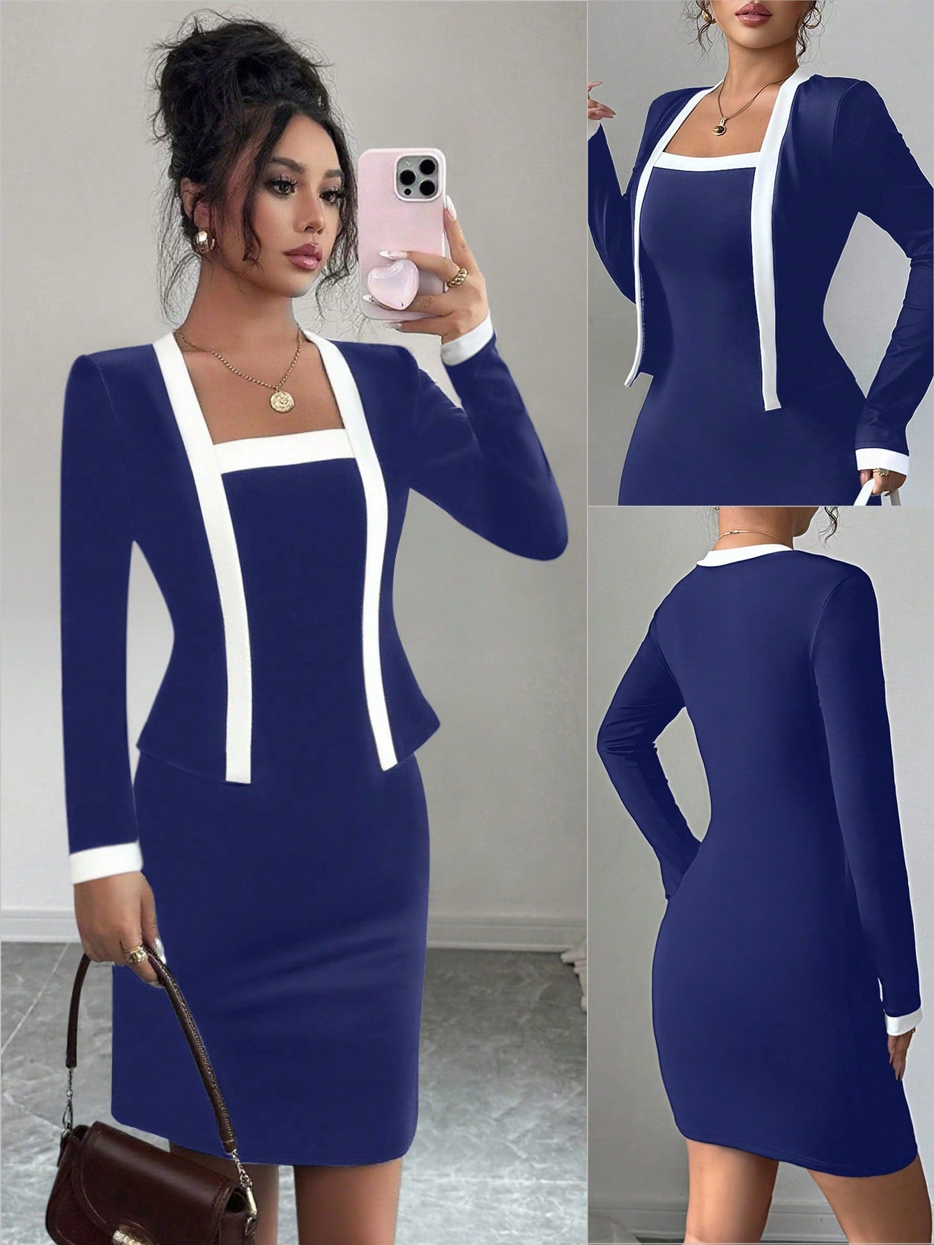 Women’s Woven Fabric Mini Dress, Long Sleeve Simple Design, 2 In 1 Style, 1 Piece, For Everyday Wear