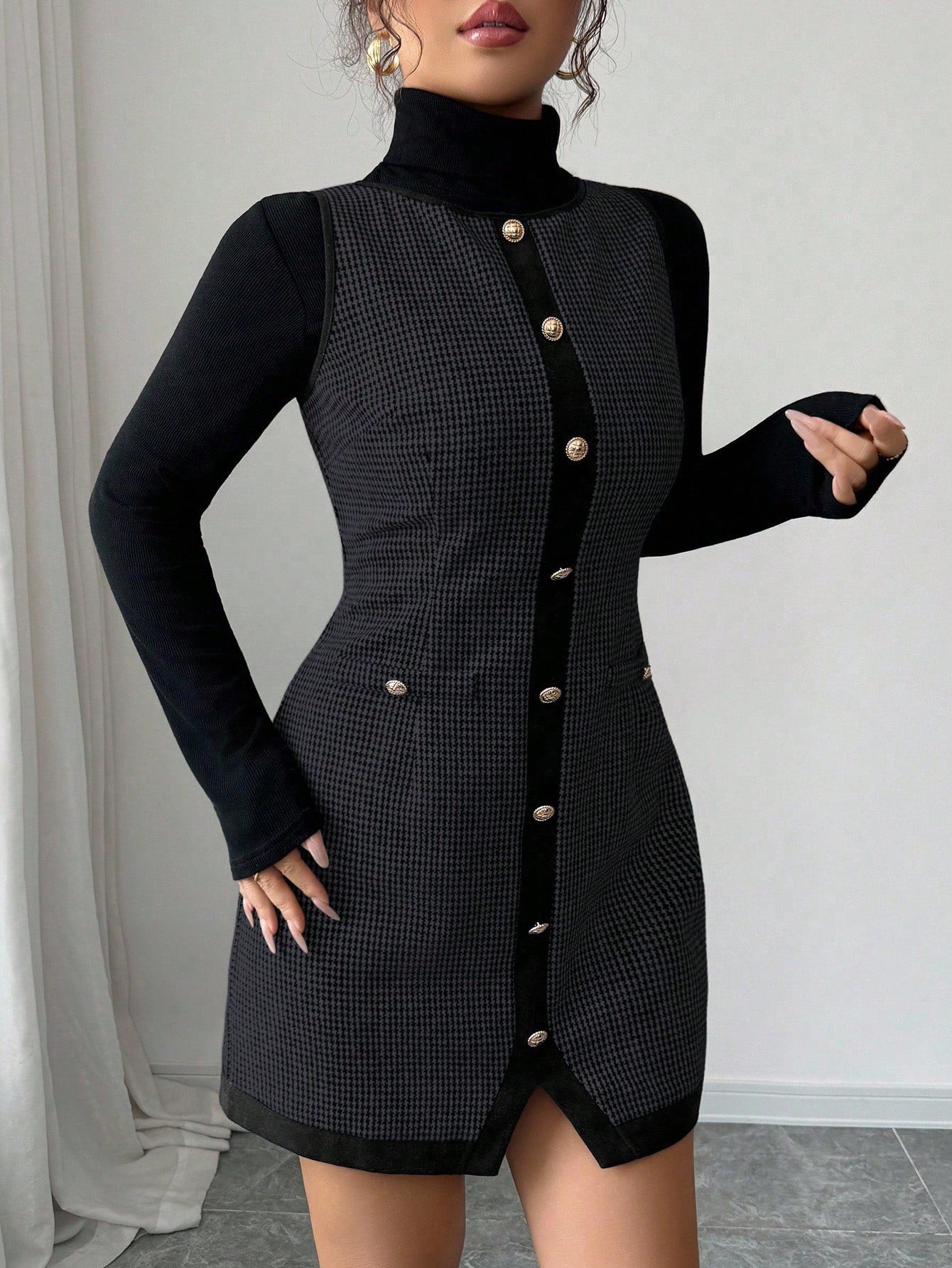 Women’s Wool-Blend Fabric Sleeveless Dress, Round Neck Patchwork Design, 1 Piece, For Office and Daily Wear