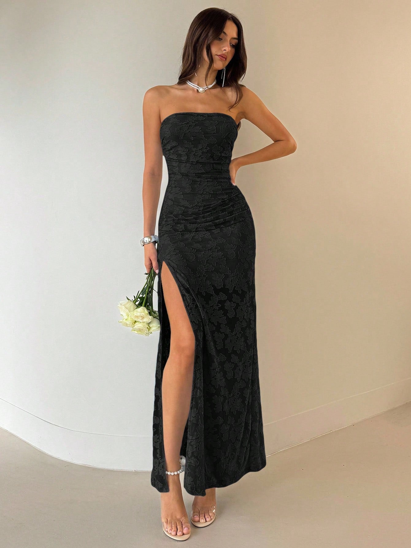 Knit Midi Dress with Floral Cutout Detail, Backless Design, and High Slit for Wedding Guest, Holiday, and Graduation Occasions