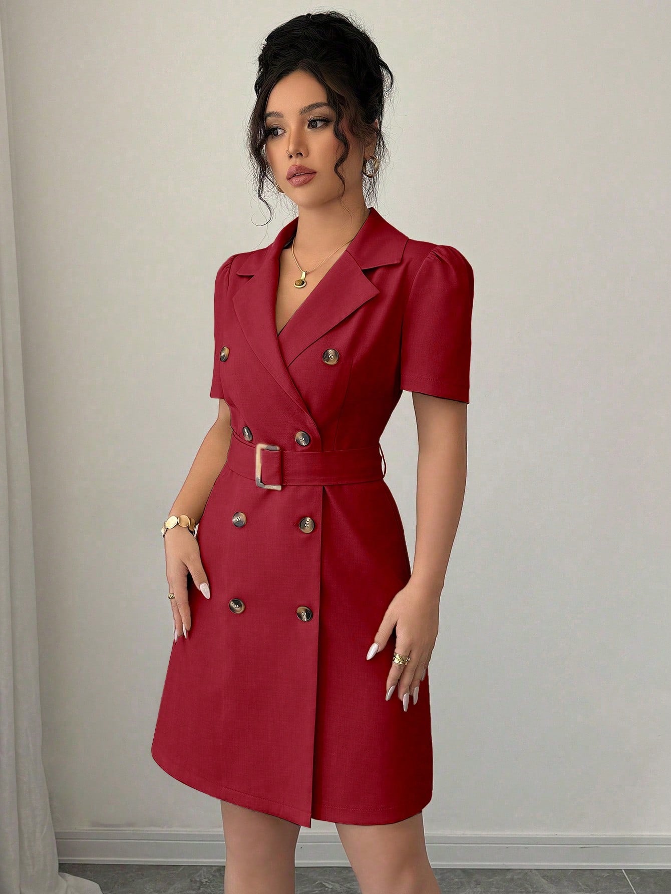 Mandarin Collar Dress with Cinched Waist Double Breasted Front and Puff Sleeves for Daily Wear