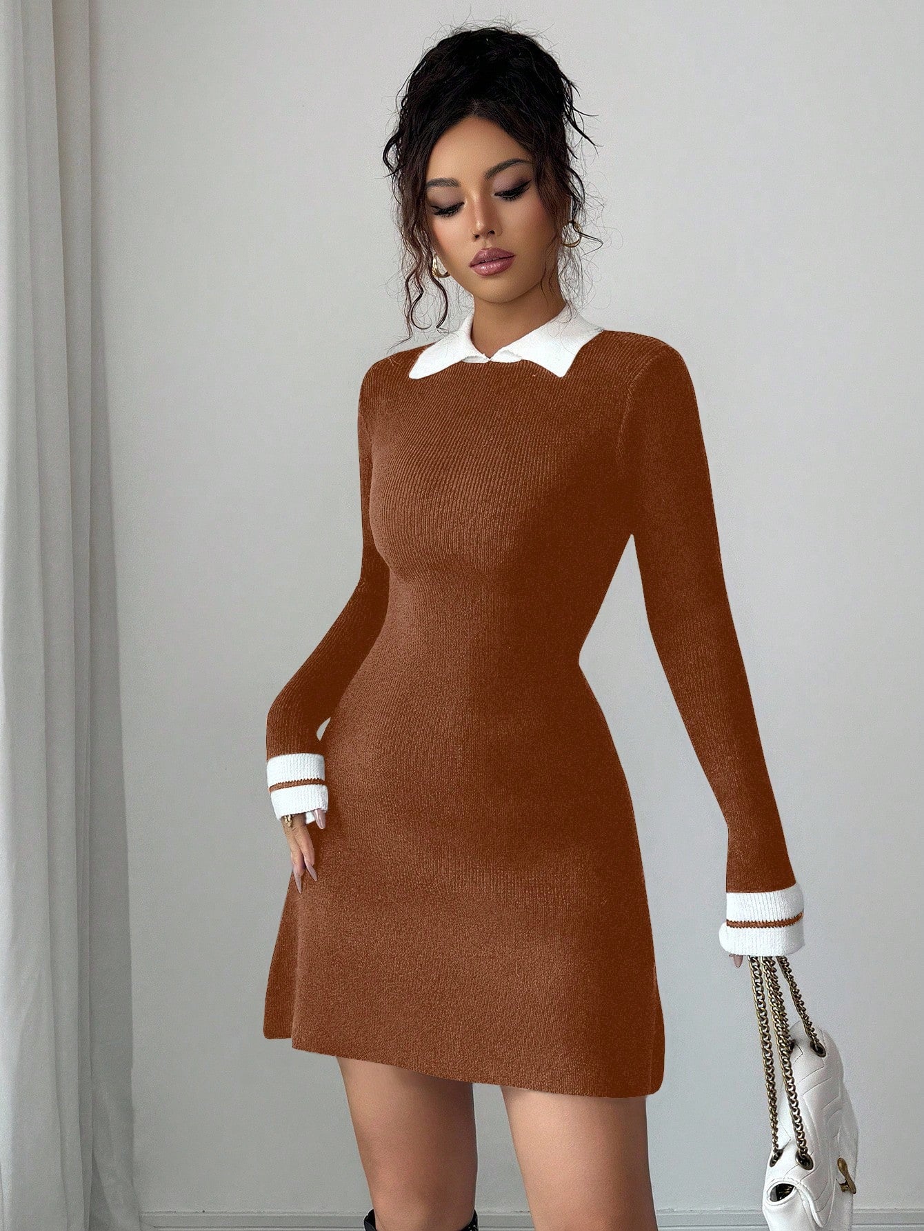 Contrast A-Line Dress with Shirt Collar Long Sleeves and Trumpet Skirt Design for Daily and Seasonal Wear