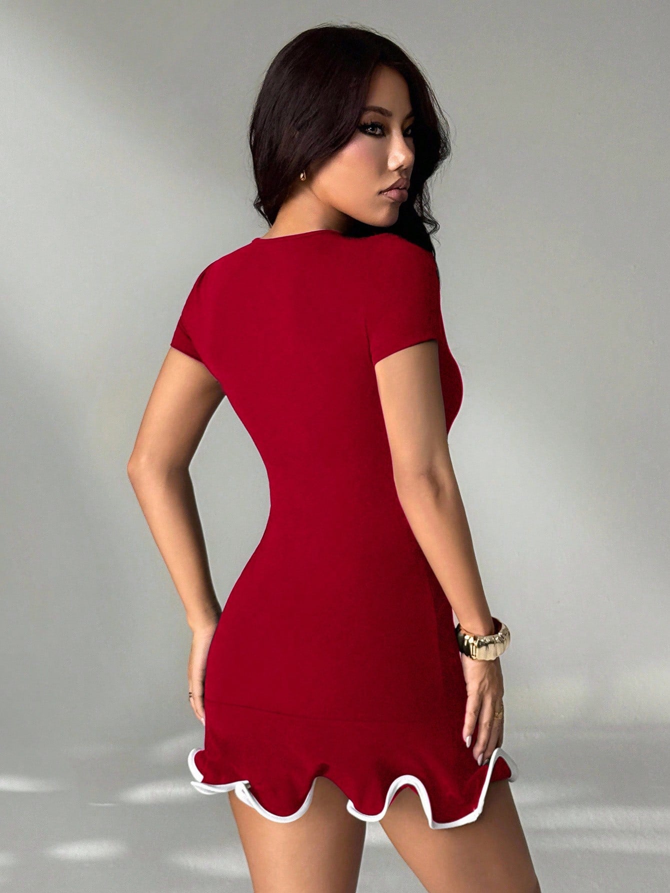 Women’s Knit Fabric Mini Dress, Round Neck Design with Ruffle Hem Detail, 1 Piece, For Daily Wear